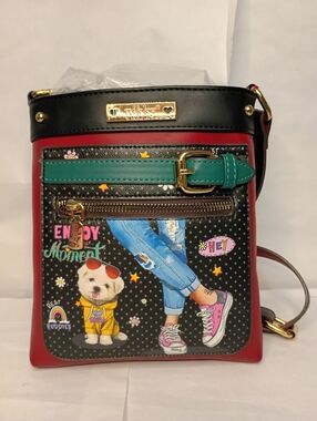 NICOLE LEE Red & Teal Crossbody Bag with Playful Print